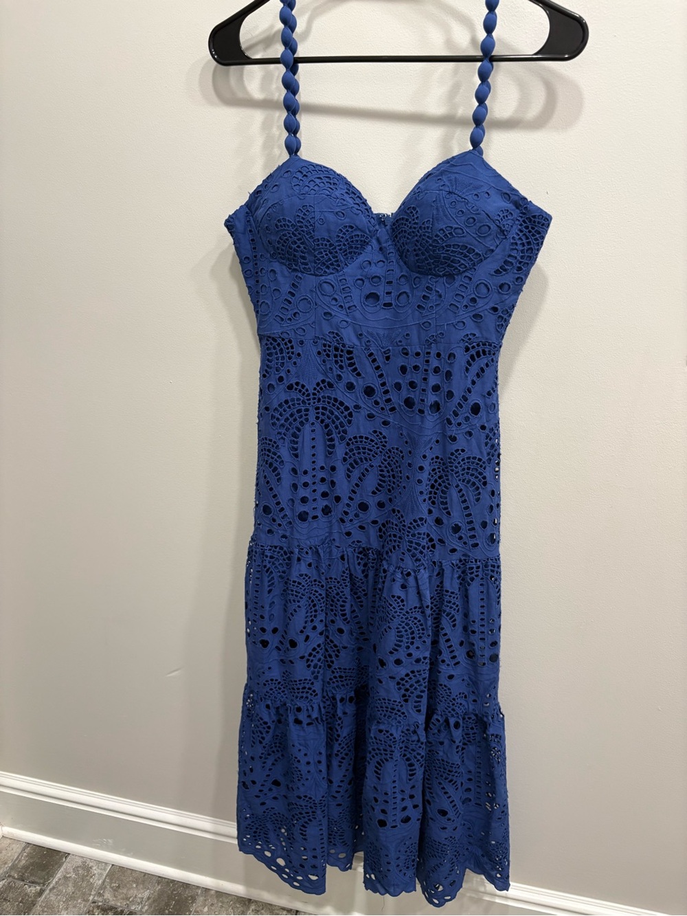 Women’s Royal Blue Eyelet Midi Dress with Braided Straps Size Medium EUC